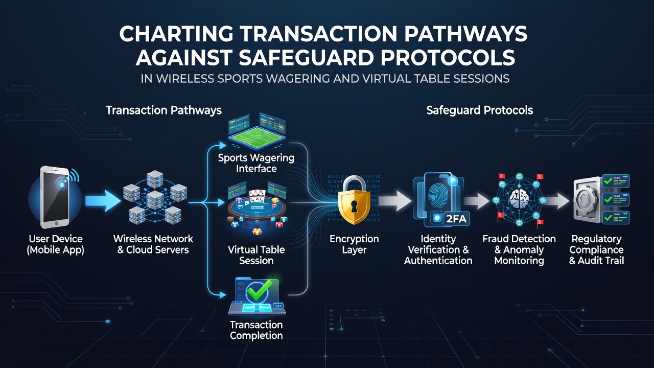 Diagram showing transaction flow in mobile sports betting and virtual table gaming platforms with overlaid security checkpoints