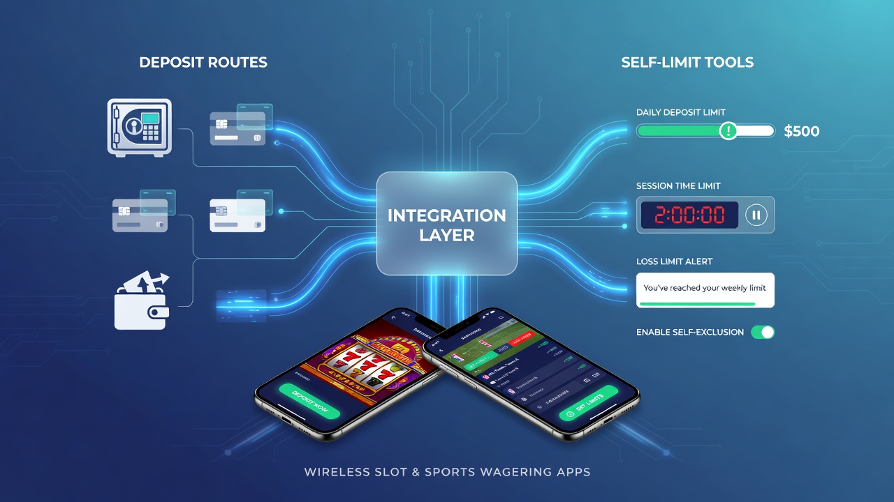 Illustration of connected systems between payment gateways and self-limit dashboards on a sports betting mobile app