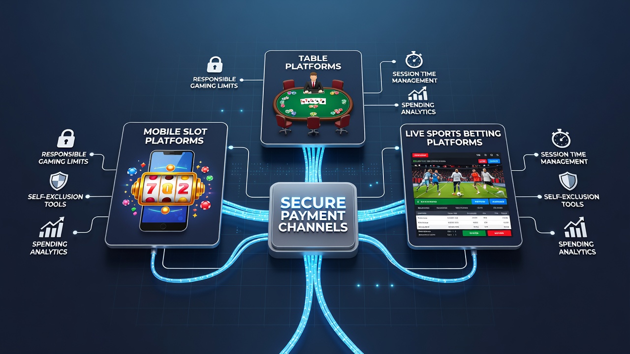 Secure payment integration diagram showing connections between transaction channels and player protection tools on mobile gaming platforms