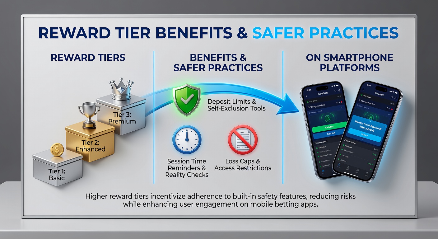 Smartphone screen showing a betting app interface with tiered reward levels and built-in safety tools highlighted