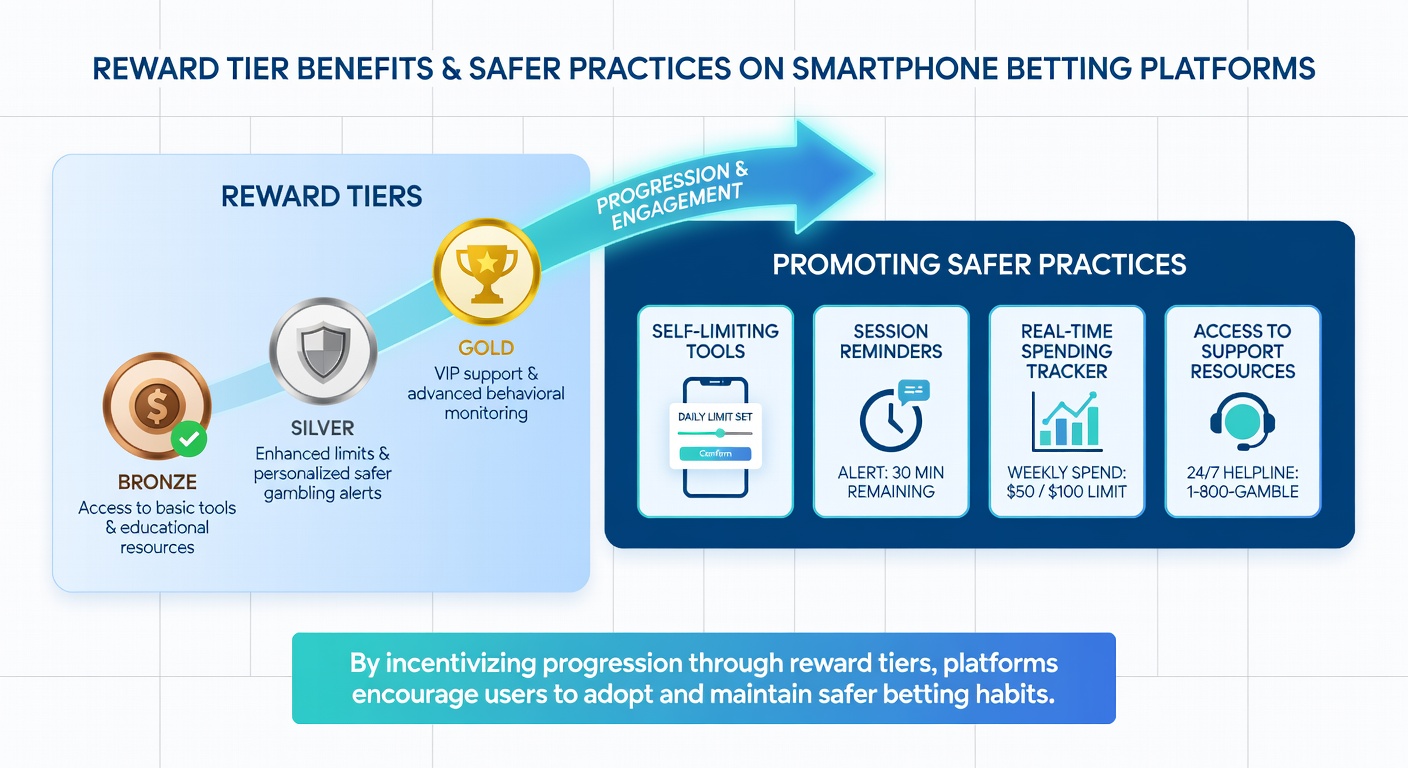 Close-up of mobile betting dashboard displaying reward tier progress alongside responsible gambling controls